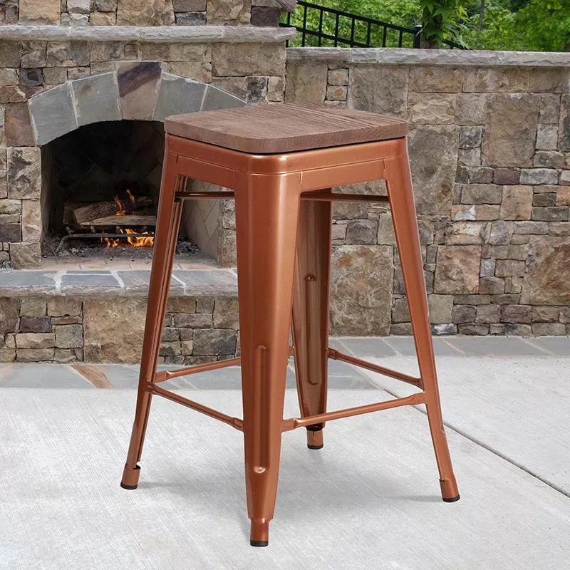 24'' High Backless Copper Counter Height Stool with Square Wood Seat - Flash Furniture
