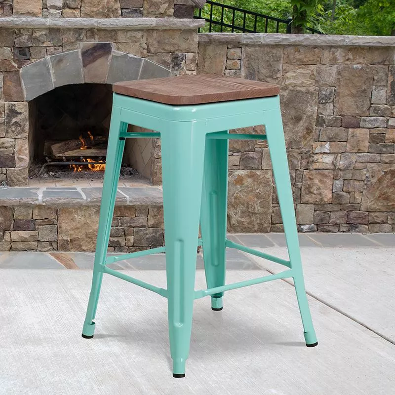 24'' High Backless Mint Green Counter Height Stool with Square Wood Seat - Flash Furniture