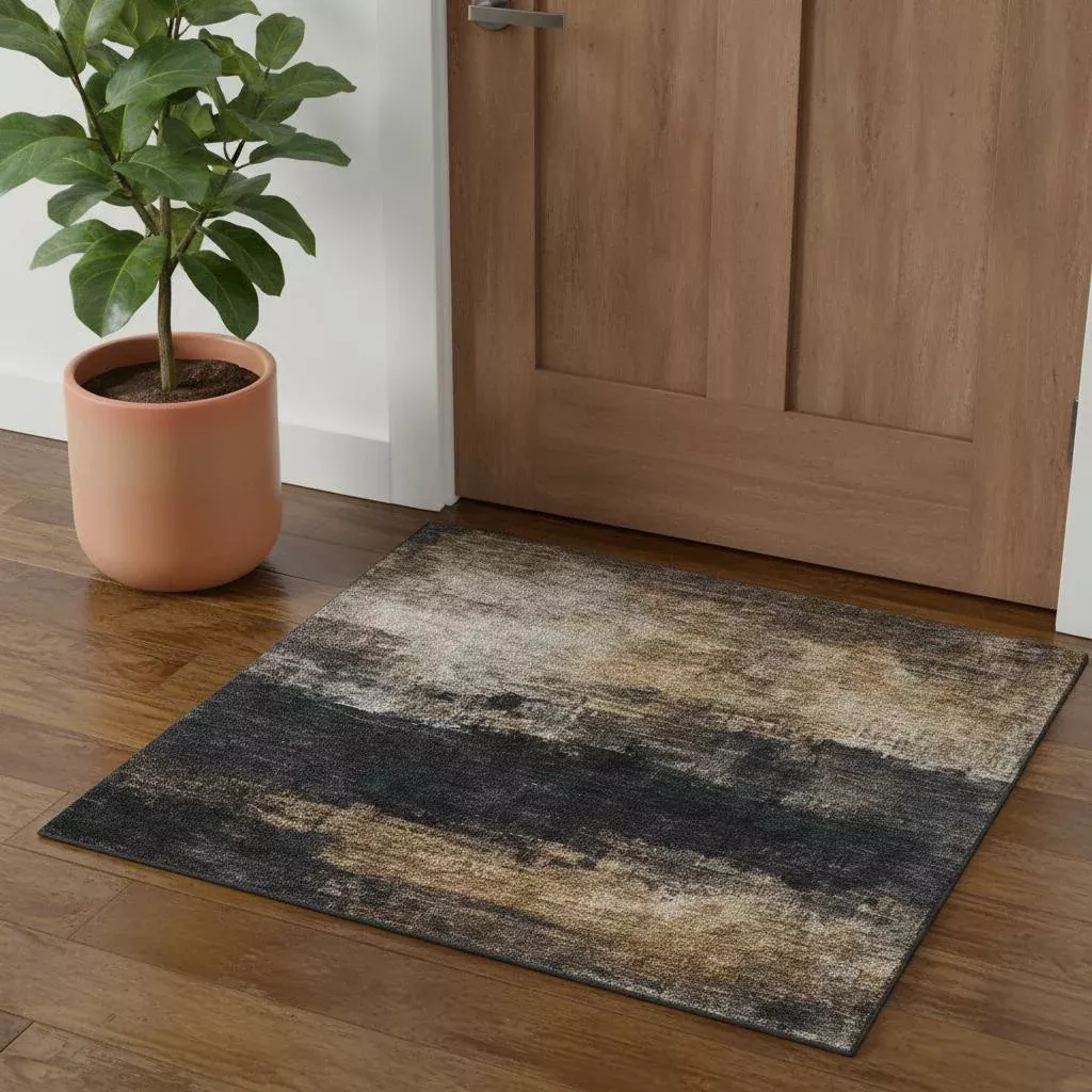 3' X 5' Charcoal Gold And Beige Abstract Washable Area Rug With UV Protection