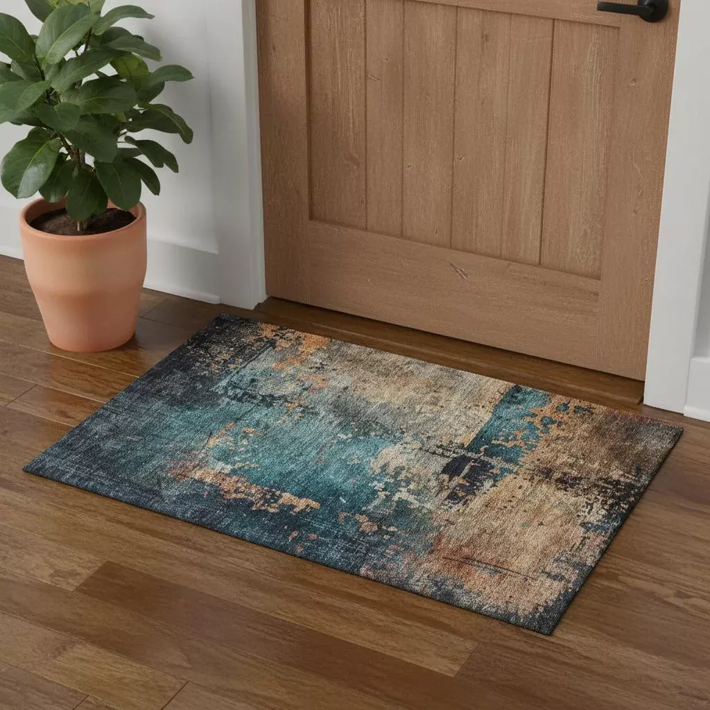 3' X 5' Teal Beige And Gray Abstract Washable Area Rug With UV Protection