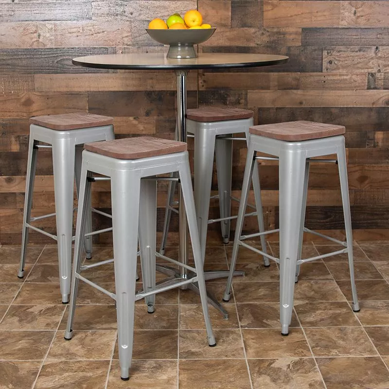 30'' High Metal Indoor Bar Stool with Wood Seat in Silver - Stackable Set of 4 - Flash Furniture