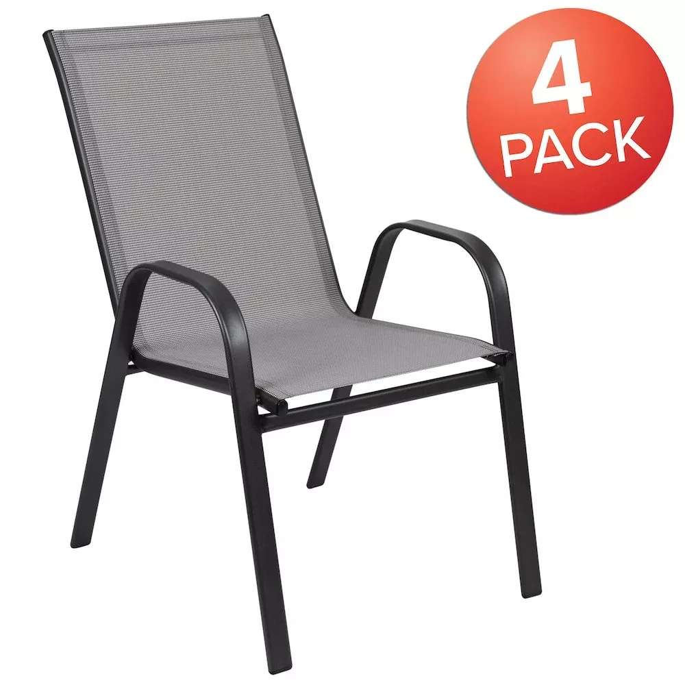 4 Pack Gray Outdoor Stack Chair with Flex Comfort Material and Metal Frame - Flash Furniture