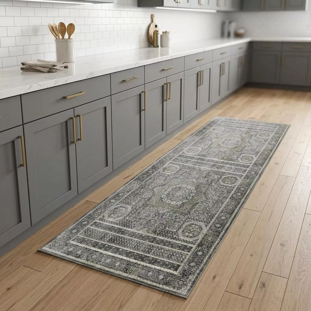 8' Charcoal And Gray Medallion Runner Rug