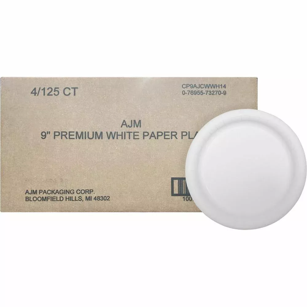 AJM 9'' Dinnerware Paper Plates - Disposable - 9'' Diameter - White - Paper Body - 125 / Pack