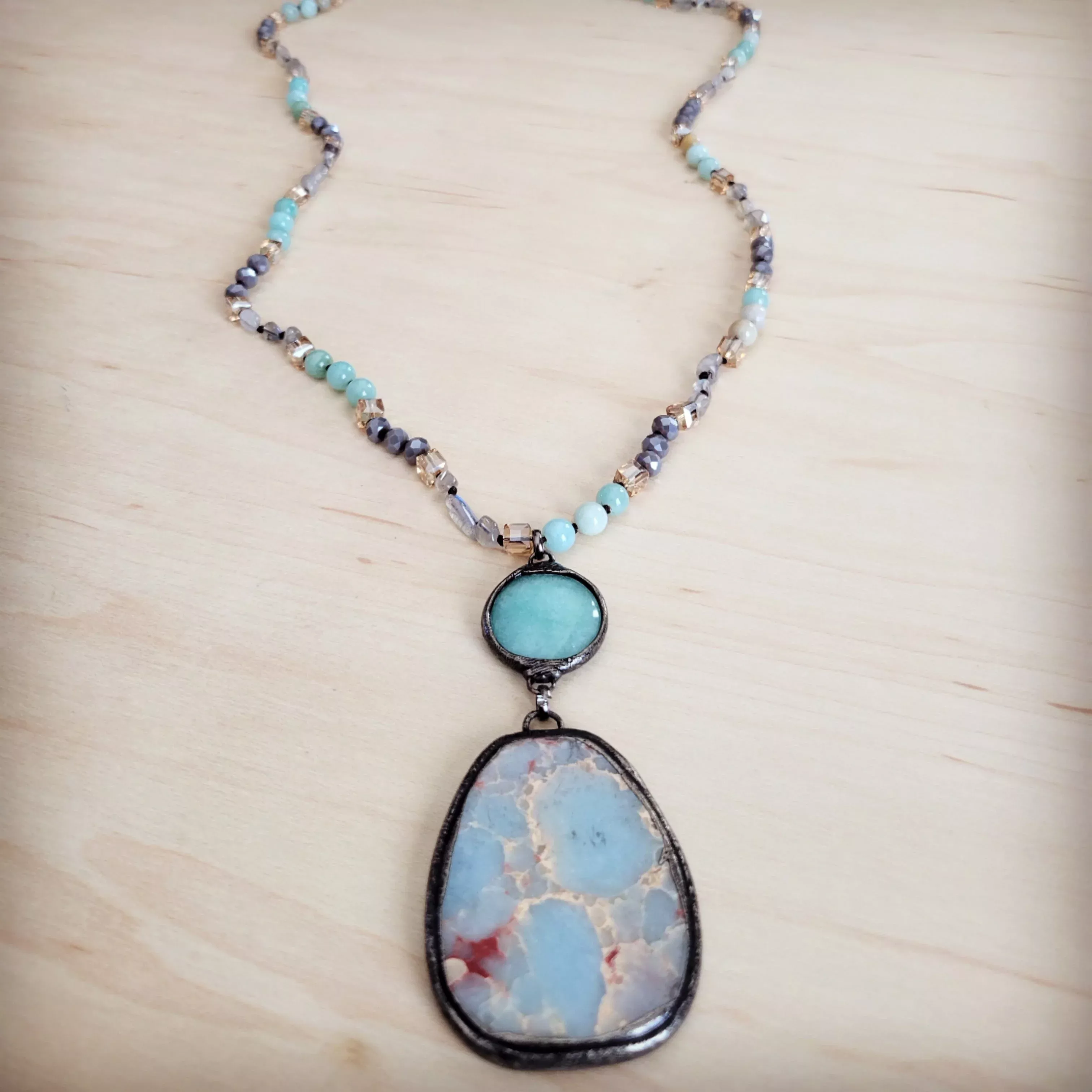 **Amazonite & Crystal Long Beaded Necklace w / Large Jasper Pendant 262q