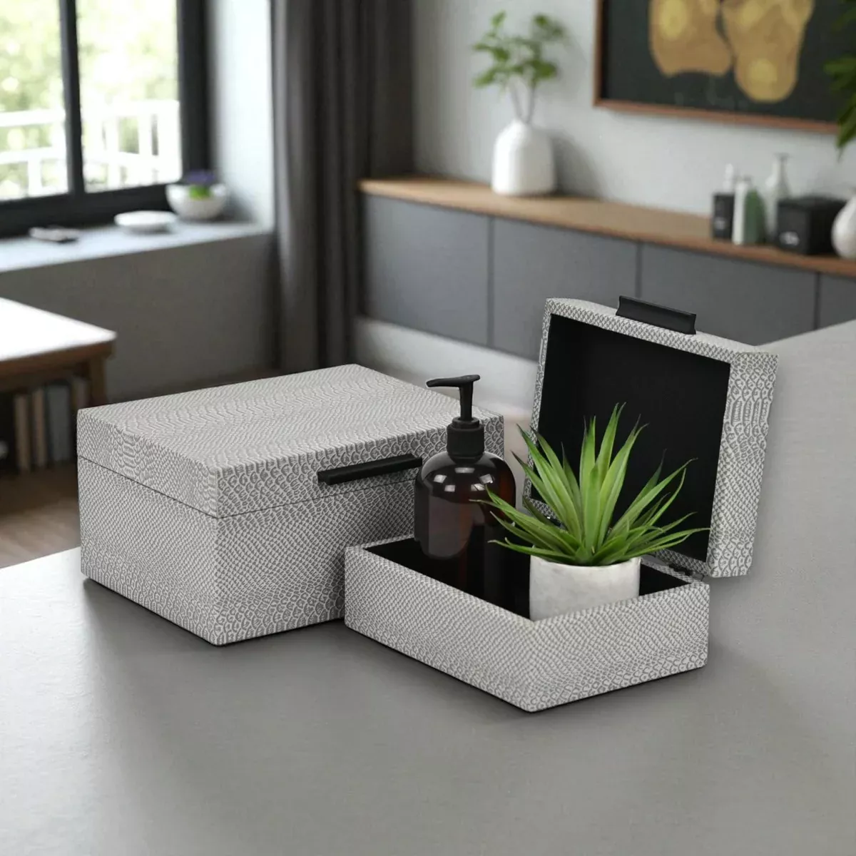Anouk Set of 2 Decorative Storage Boxes - Snakeskin Pattern - Gray with Black Handles - For Organization, Trinkets, Keepsakes - By Cheungs