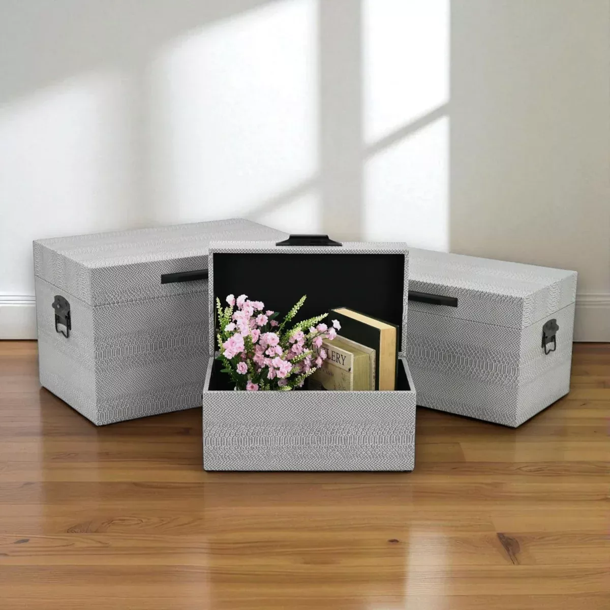 Anouk Set of 3 Decorative Storage Trunks - Snakeskin Pattern - Gray with Black Handles - For Organization, Trinkets, Keepsakes - By Cheungs