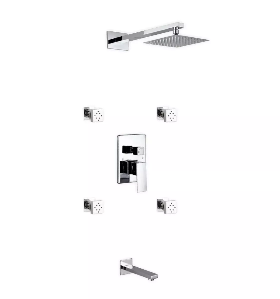 Aqua Piazza Brass Shower Set W/ 8? Square Rain Shower, 4 Body Jets And Tub Filler