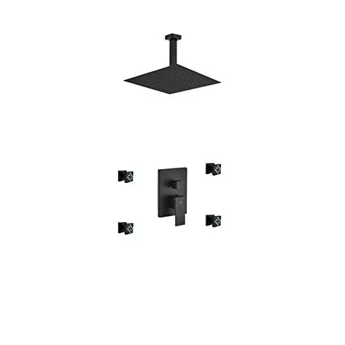 Aqua Piazza Matte Black Shower Set with 12" Ceiling Mount Square Rain Shower, 4 Body Jets and Handheld