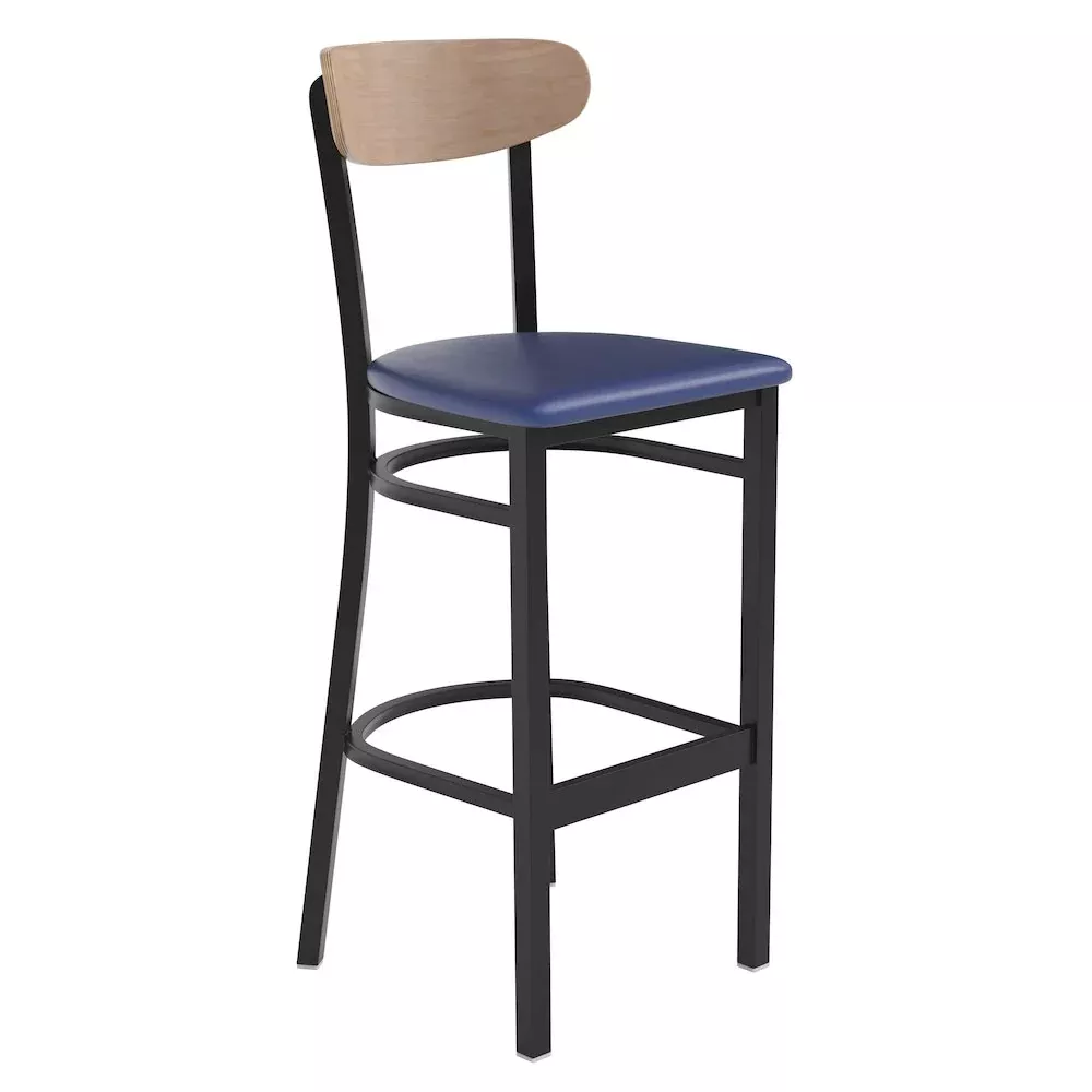 Barstool, Natural Birch Finish Wooden Boomerang Back, and Blue Vinyl Seat - Flash Furniture