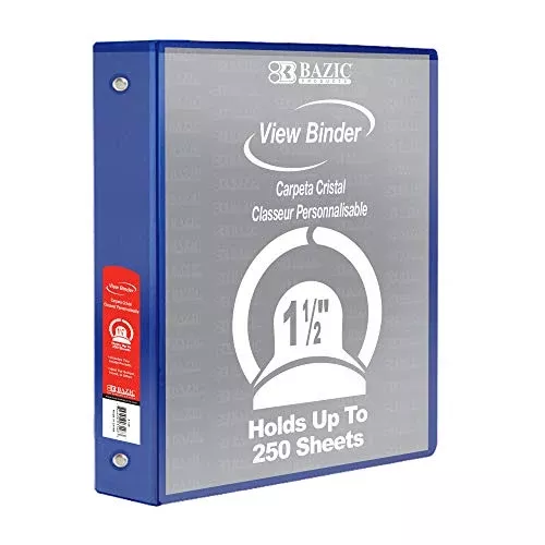 BAZIC Products 3 Ring Binder 1.5" Economy View Binders Organizer - Blue, Round Ring, Hold 280 Sheets Paper, for School Office Home, 1-Count