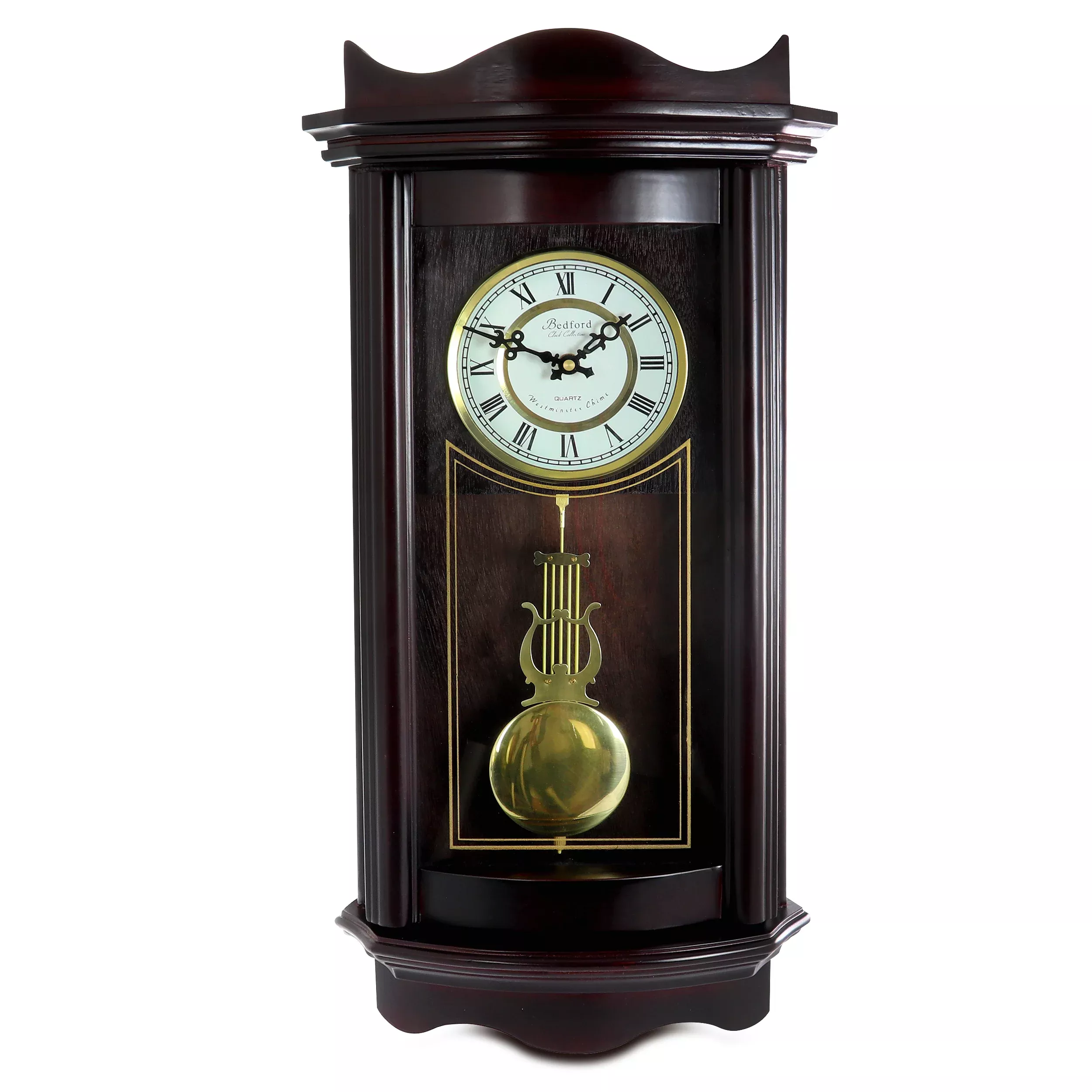 Bedford Clock Collection25 Inch Chiming Pendulum Wall Clock in Weathered Chocolate Cherry Finish