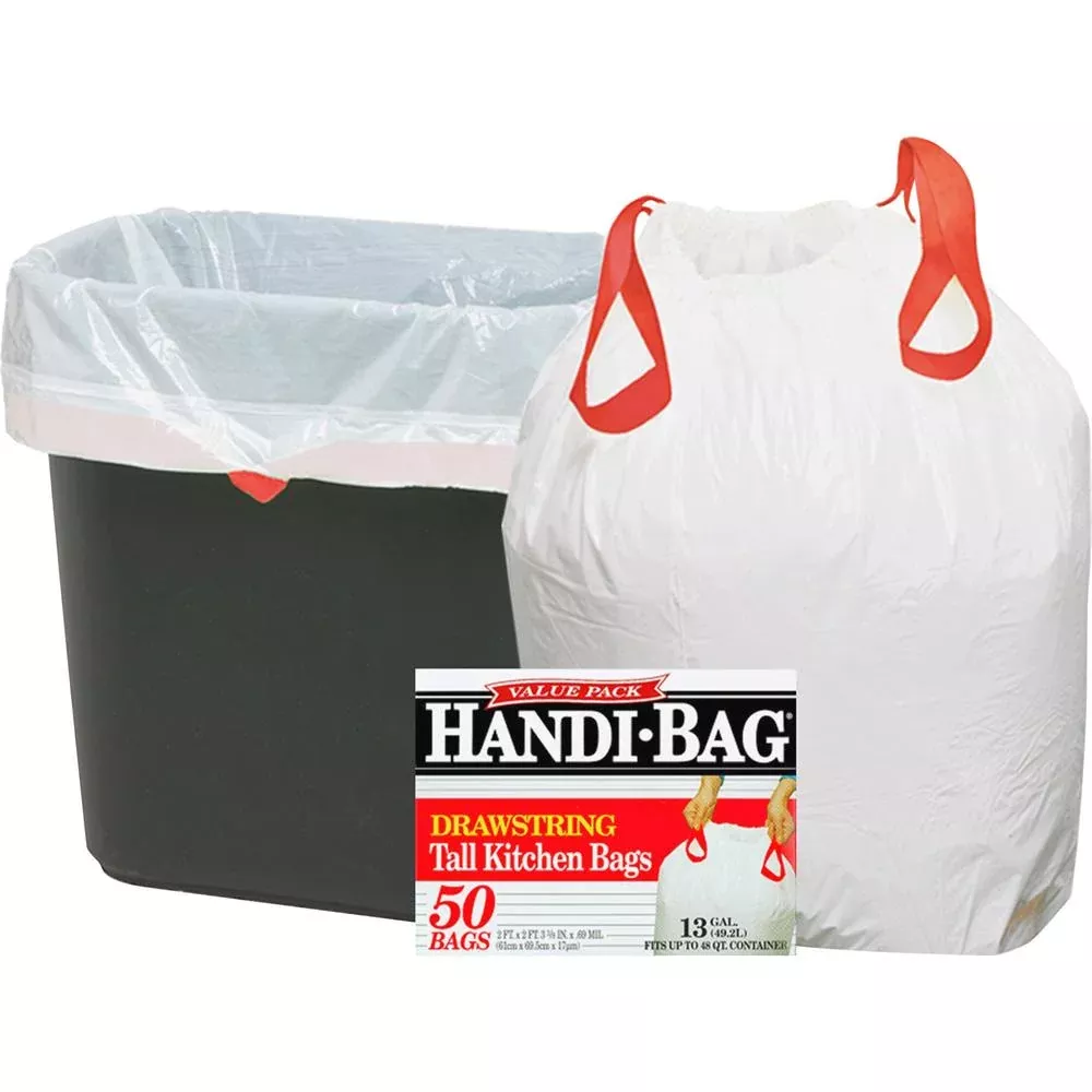 Berry Handi-Bag Drawstring Tall Kitchen Bags - Small Size - 13 gal Capacity - 24'' Width x 27'' Length - 0.69 mil (18 Micron) Thickness - Drawstring Closure - White - Resin - 6/Carton - 50 Per Box - Kit