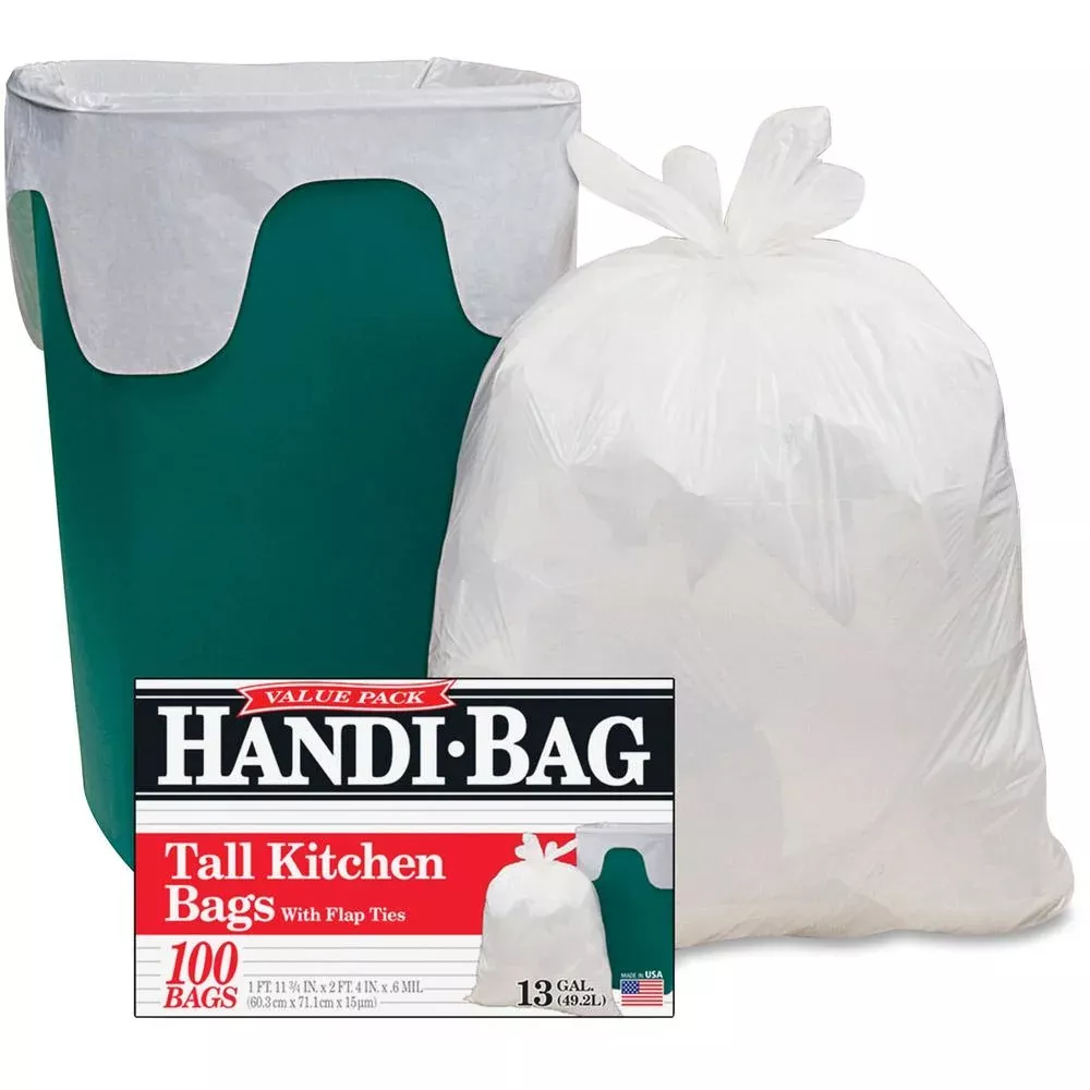 Berry Handi-Bag Flap Tie Tall Kitchen Bags - Small Size - 13 gal Capacity - 23.50'' Width x 29'' Length - 0.60 mil (15 Micron) Thickness - White - Hexene Resin - 6/Carton - 100 Per Box - Home, Office, K