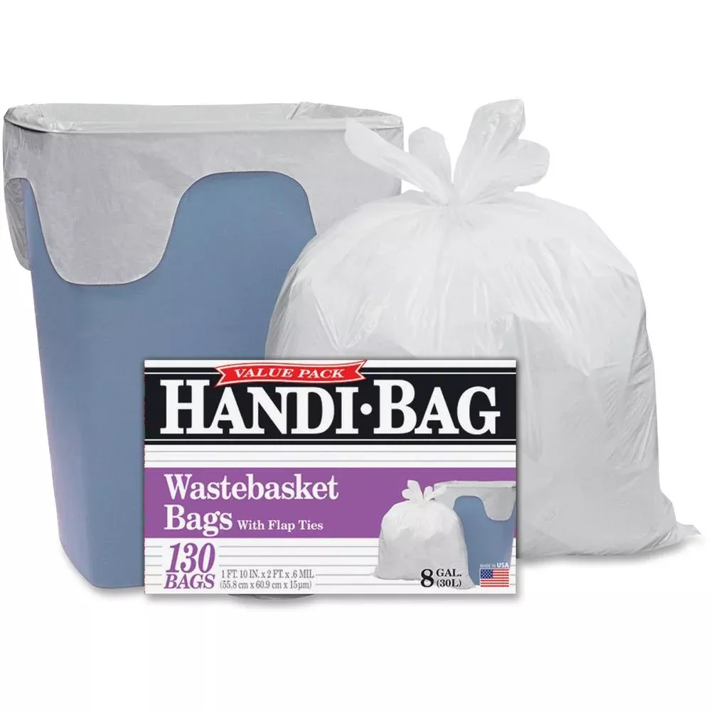 Berry Handi-Bag Wastebasket Bags - Small Size - 8 gal Capacity - 21.50'' Width x 24'' Length - 0.60 mil (15 Micron) Thickness - White - Hexene Resin - 6/Carton - 130 Per Box - Home, Office