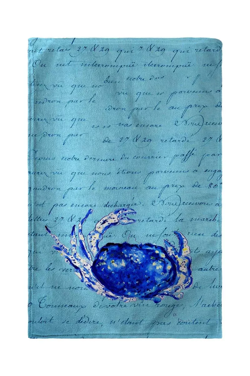 Betsy Drake Blue Script Crab Beach Towel