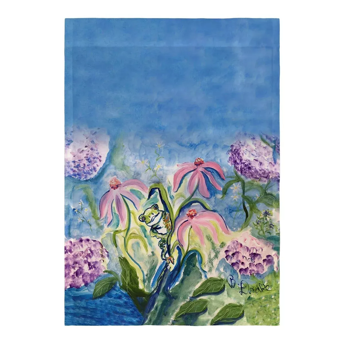 Betsy Drake Interiors Frog & Pink Flowers Flag 12.5x18