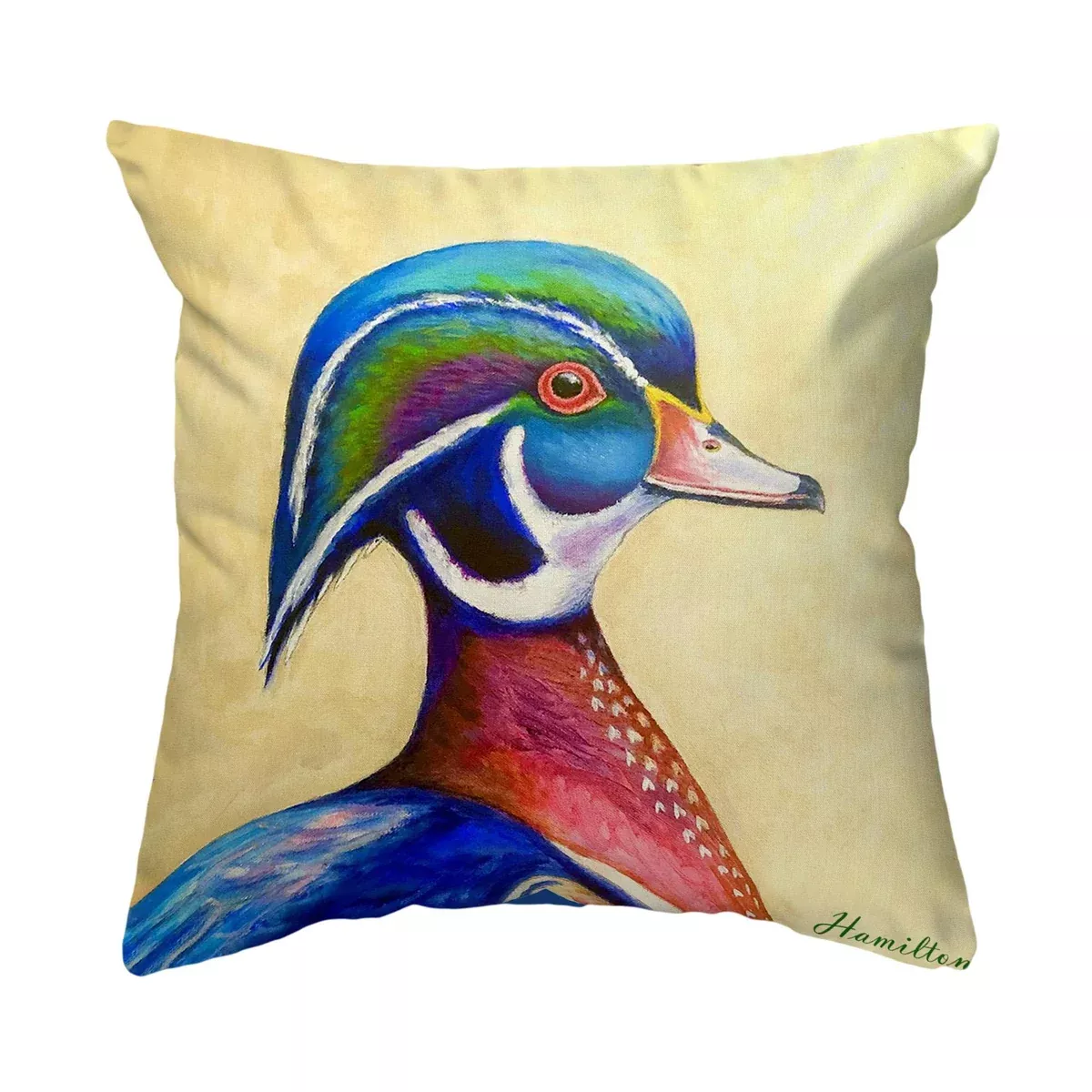 Betsy Drake Mr. Wood Duck Large Noncorded Pillow 18 Inches by 18 Inches
