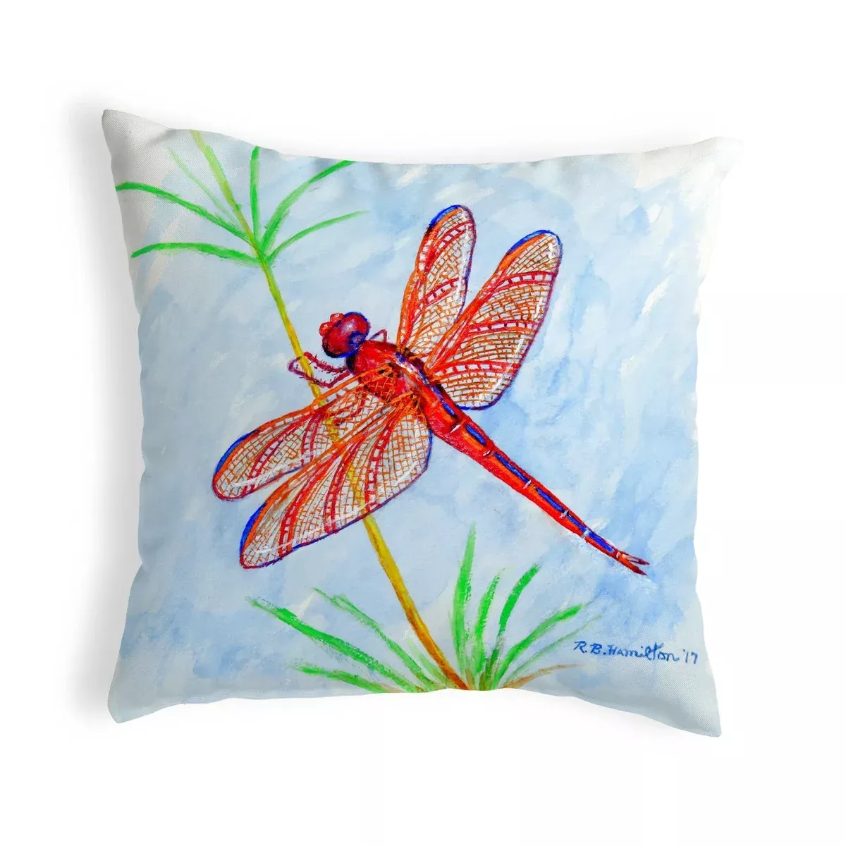 Betsy Drake Red Dragonfly No Cord Pillow 18x18