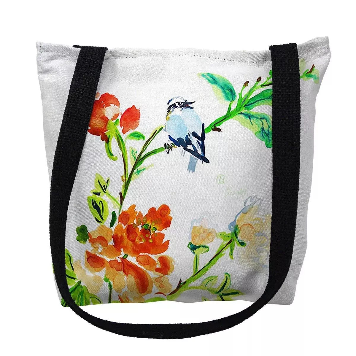 Betsy Drake TY1103M 16 x 16 in. Blue Bird & Flowers Tote Bag - Medium