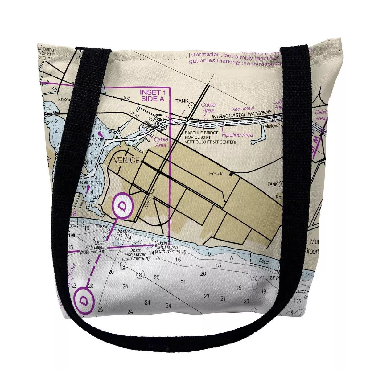 Betsy Drake TY11425VM 16 x 16 in. Venice Inlet Florida Nautical Map Tote Bag - Medium Black