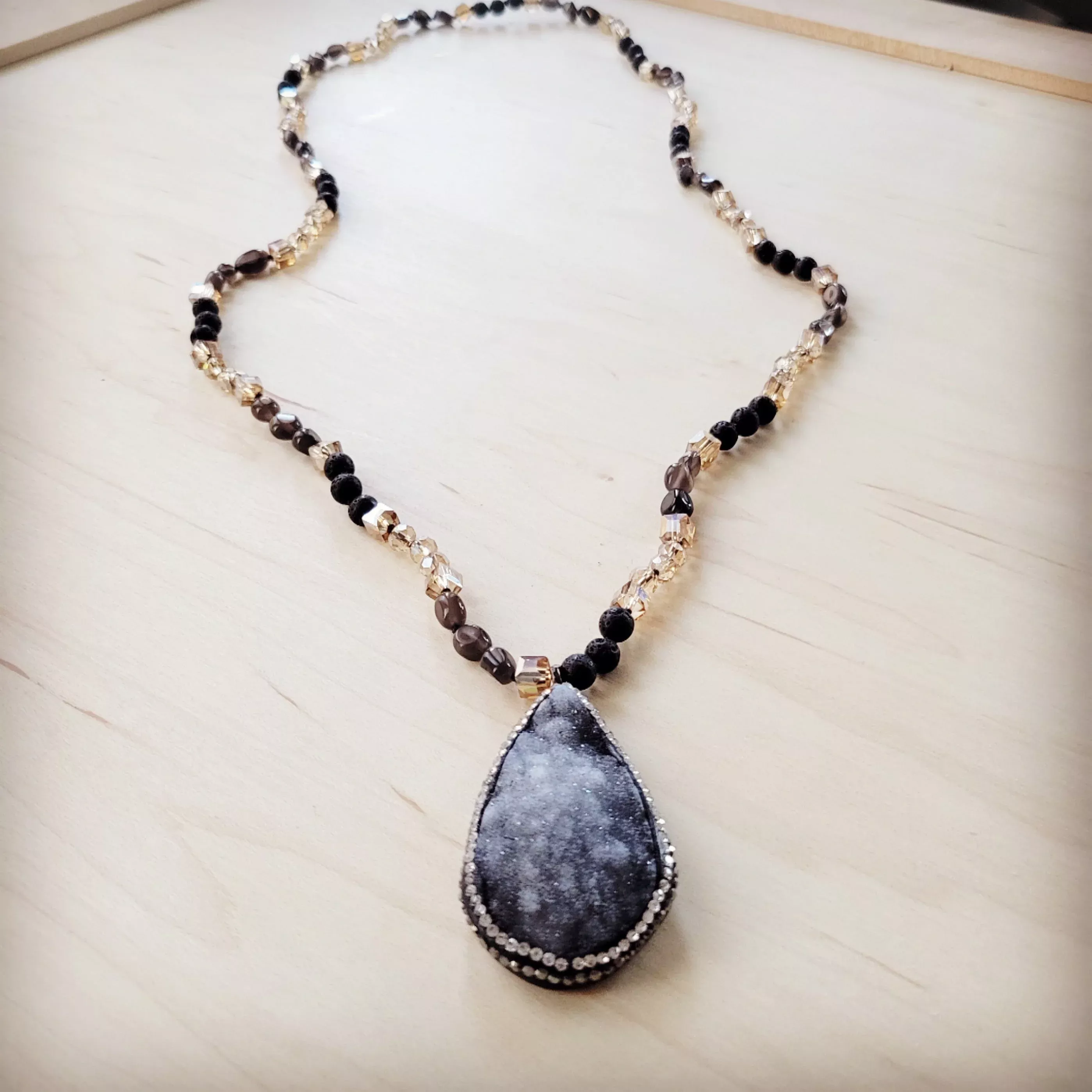 Black Lava Beaded Necklace w / Druzy Pendant 257lb