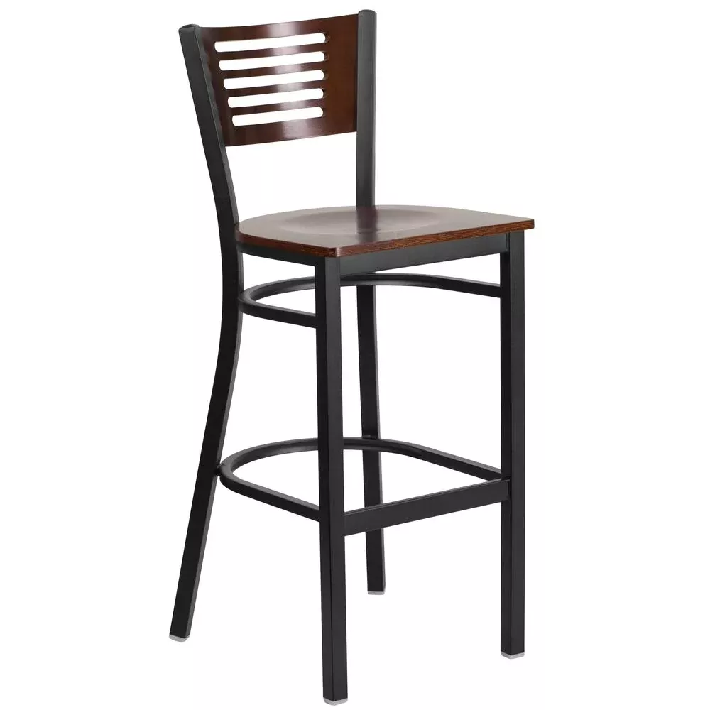 Black Slat Back Metal Restaurant Barstool - Walnut Wood Back & Seat - Flash Furniture