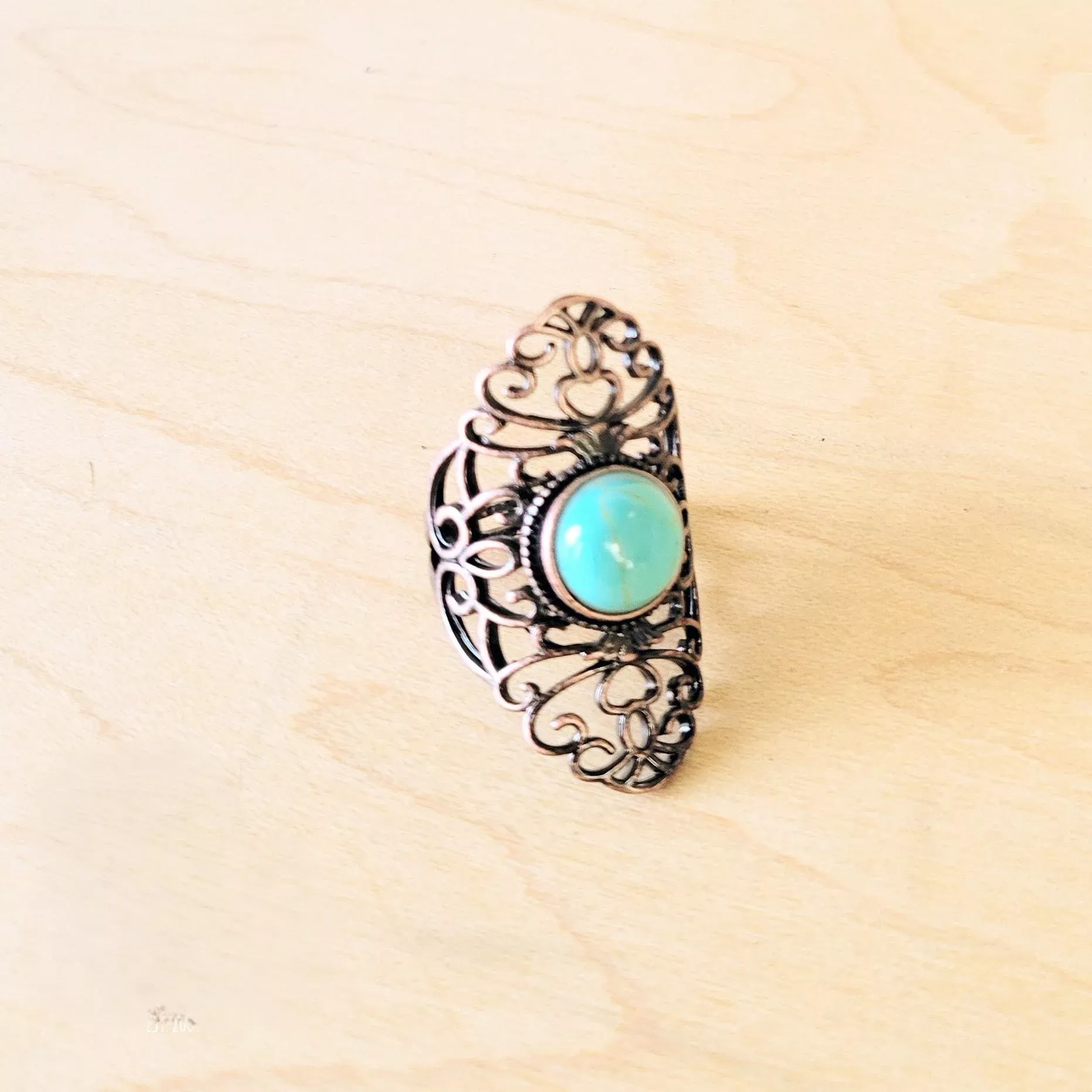 **Blue Turquoise Ring in Antique Copper Filigree Setting 012d3