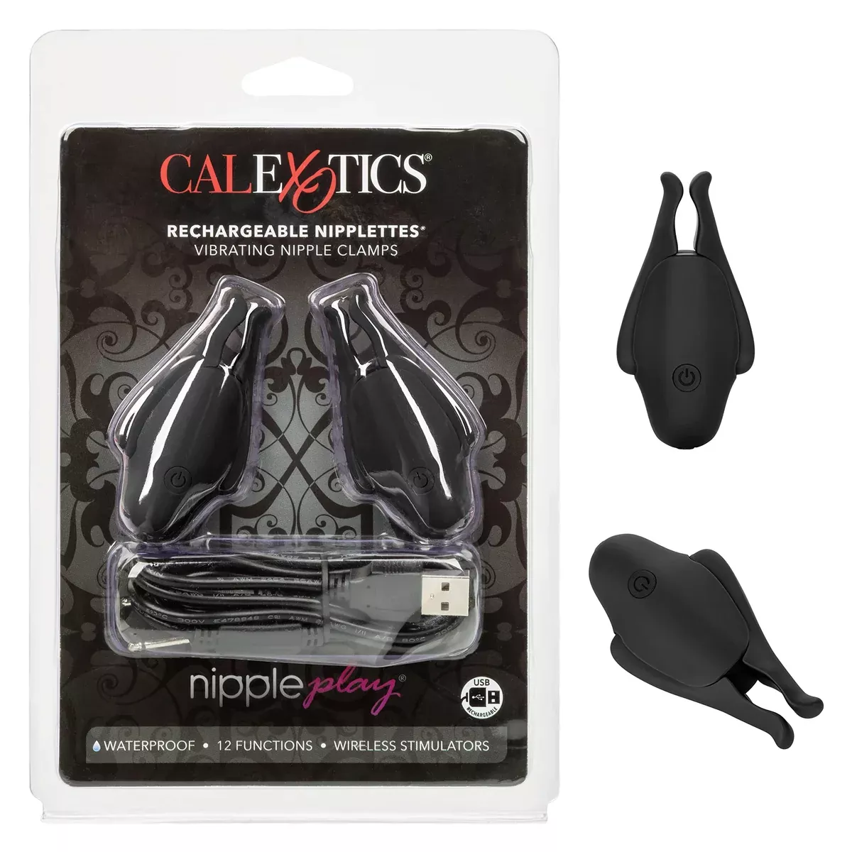 CalExotics Nipplettes Rechargeable Nipple Clamps, Easy Squeeze and Fully Adjustable - Black SE-2589-50-2