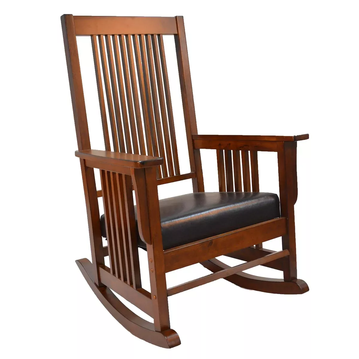 Carolina Chair & Table Chestnut RTA Deluxe Mission Rocker Chair – Classic Faux Leather Upholstered Seat, Slat Back Solid Rubberwood Frame - Wide Armrests Accent Rocking Chair for Living Room, Nursery