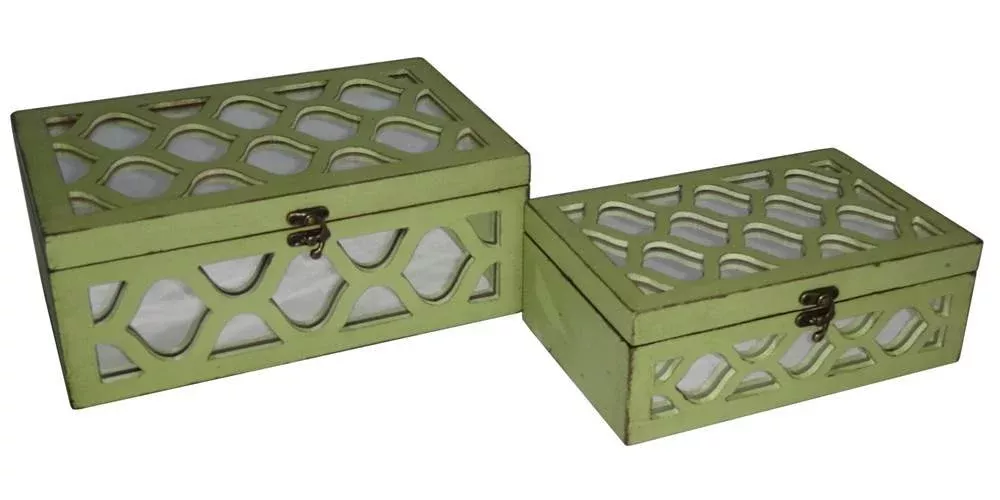 Cheung's Home Decorative Accent Set of 2 Green Wooden Boxes with Front and Top Mirror with Wood Morrocan Overlay