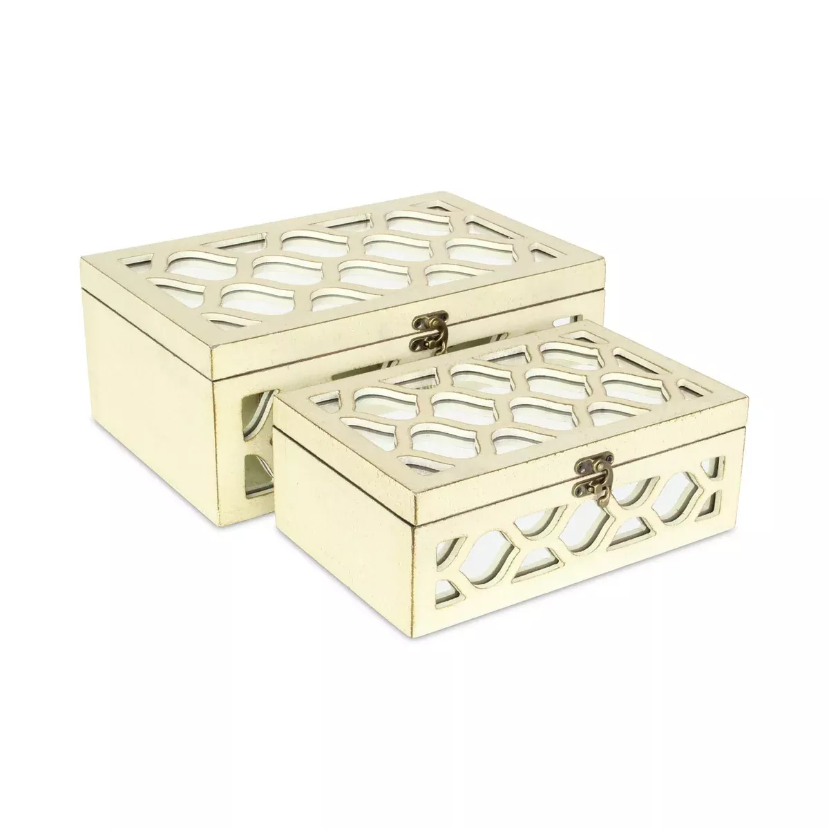 Cheung's Home Decorative Accent Set of 2 White Wooden Boxes with Front and Top Mirror with Wood Morrocan Overlay