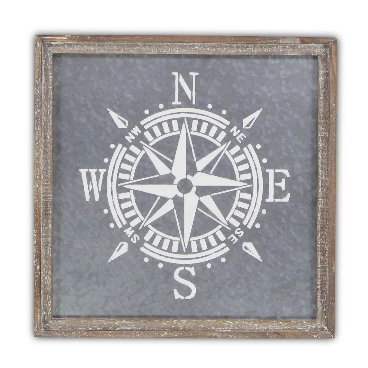 Cheung's Painted Compass on Galvanized Backdrop with Wood Frame Wall Décor, Gray