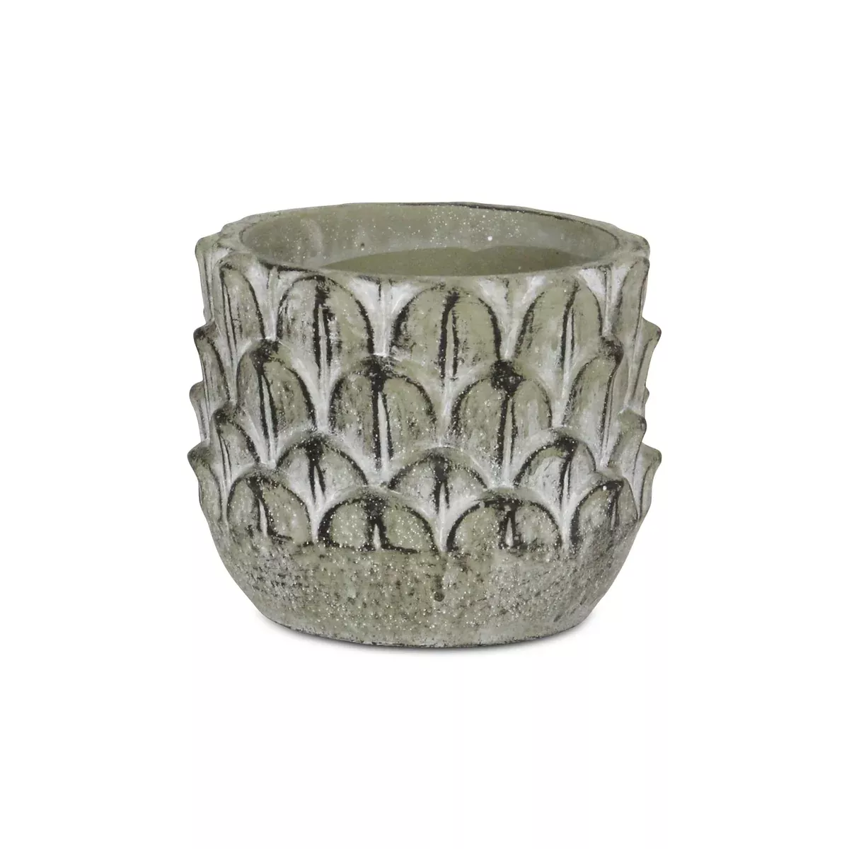 Cheung's Round, Cement Pot with Overlapping Feather Pattern Ceramic Planter, Gray