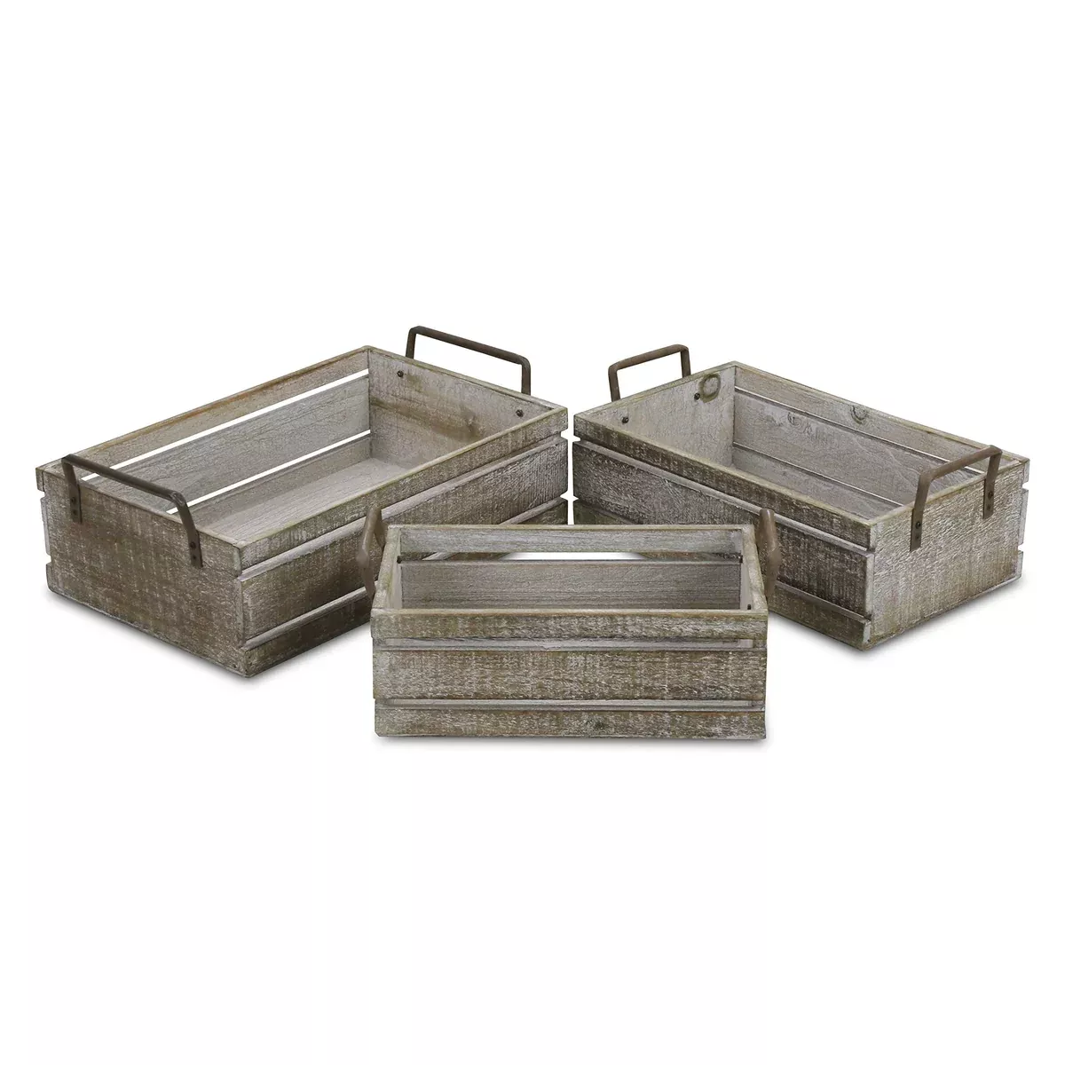 Cheung's Set of 3 Brown Wood Grain Slatted Rectangular Small Side Handles Storage Crate