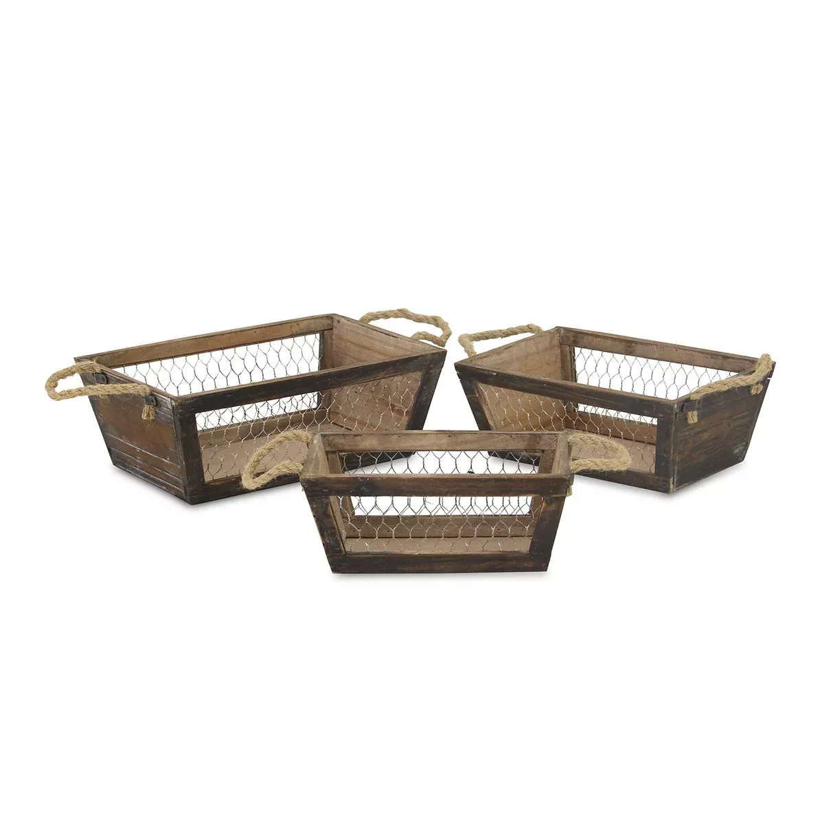 Cheung's Set of 3 Tapered Wood Wire Panels Storage Crate, Brown