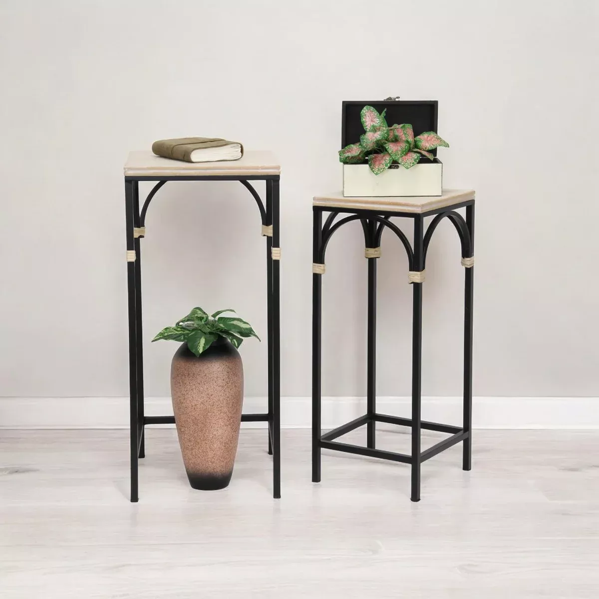 Cheungs Claudette Set of 2 Rattan Accented Wood & Metal Square Side Nesting Tables, Black