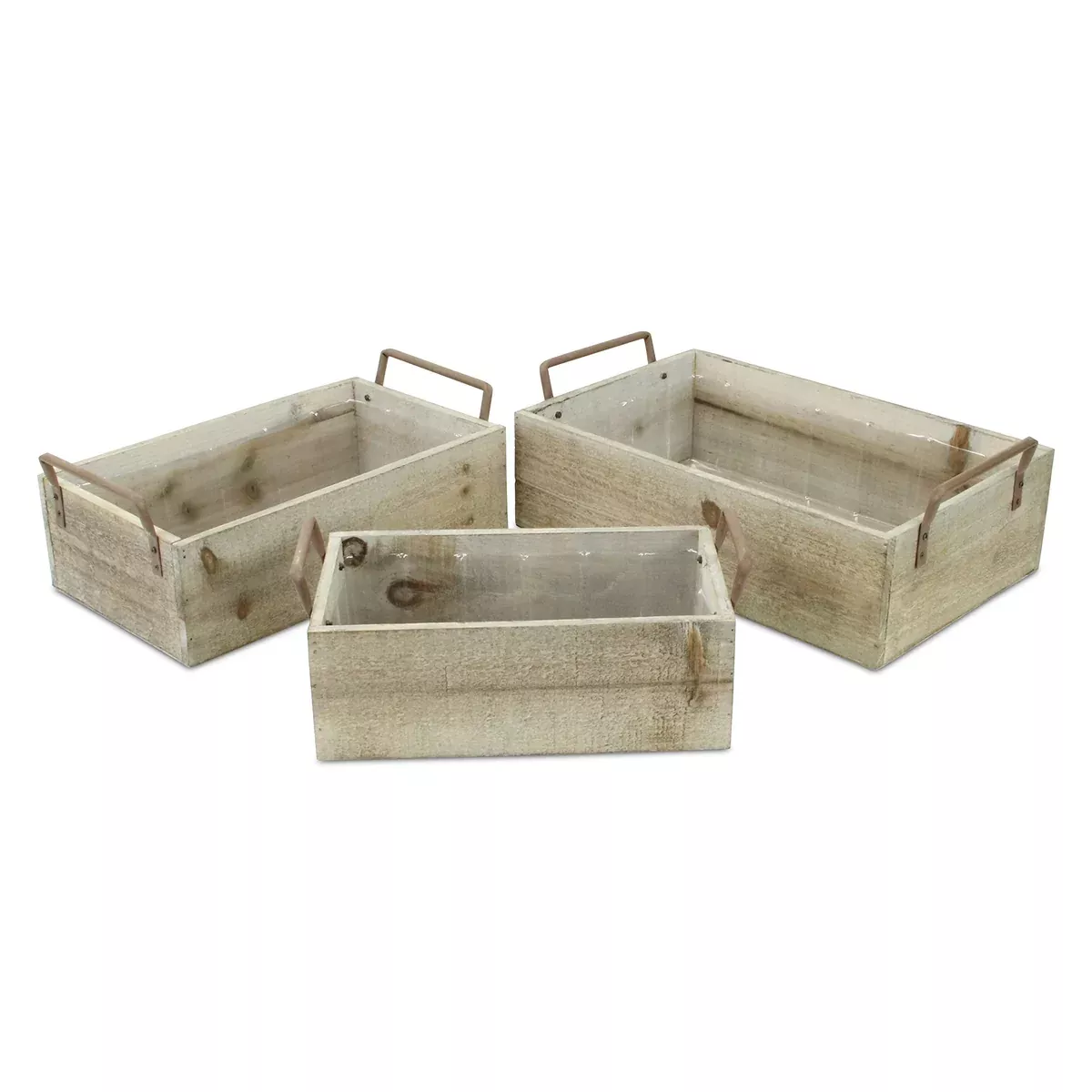 Cheungs Set of 3 Brown Wood Grain Rectangular Small Side Handles Storage Crate