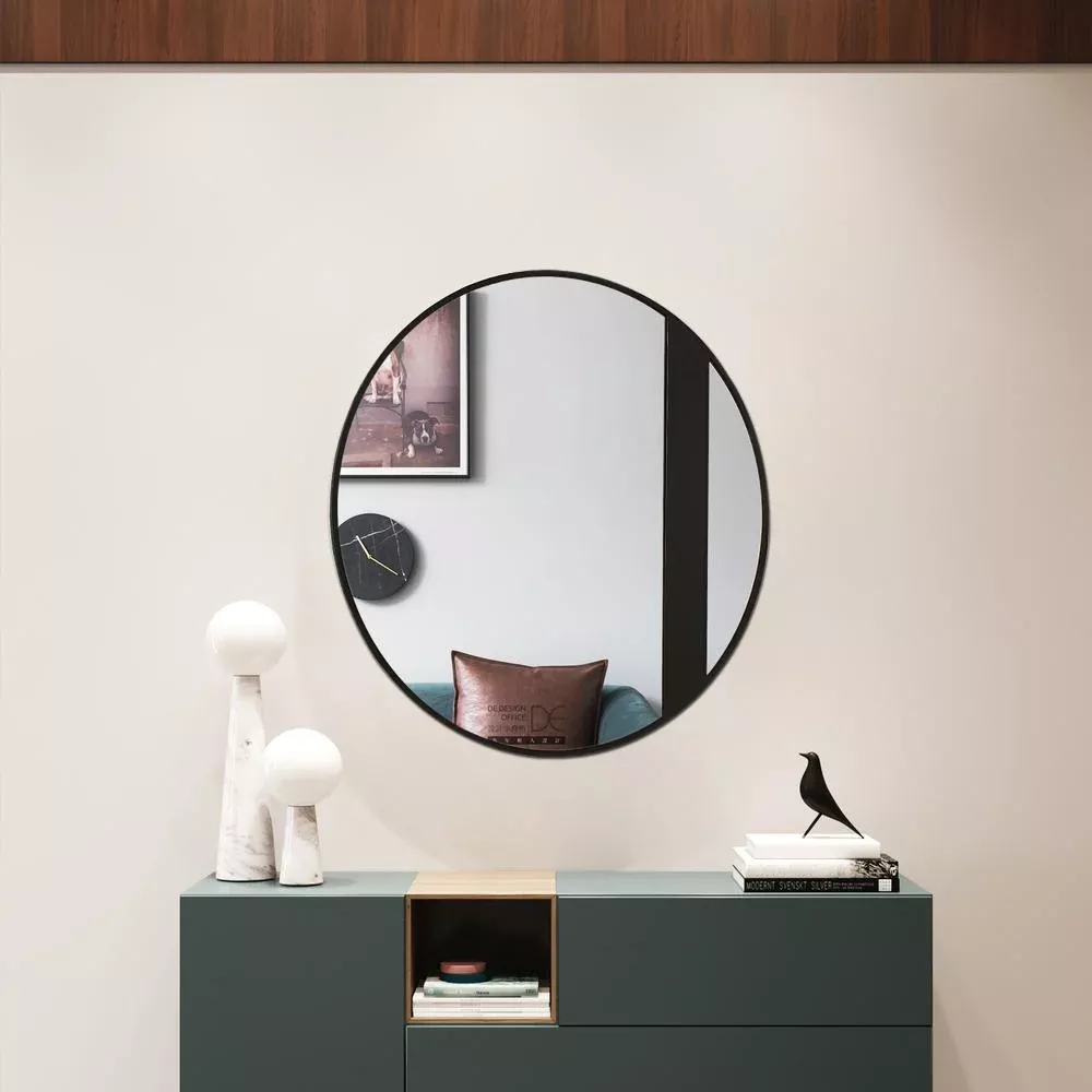 CHLOE'S Reflection Black Finish Round Framed Wall Mirror 30'' Height - CHLOE Lighting