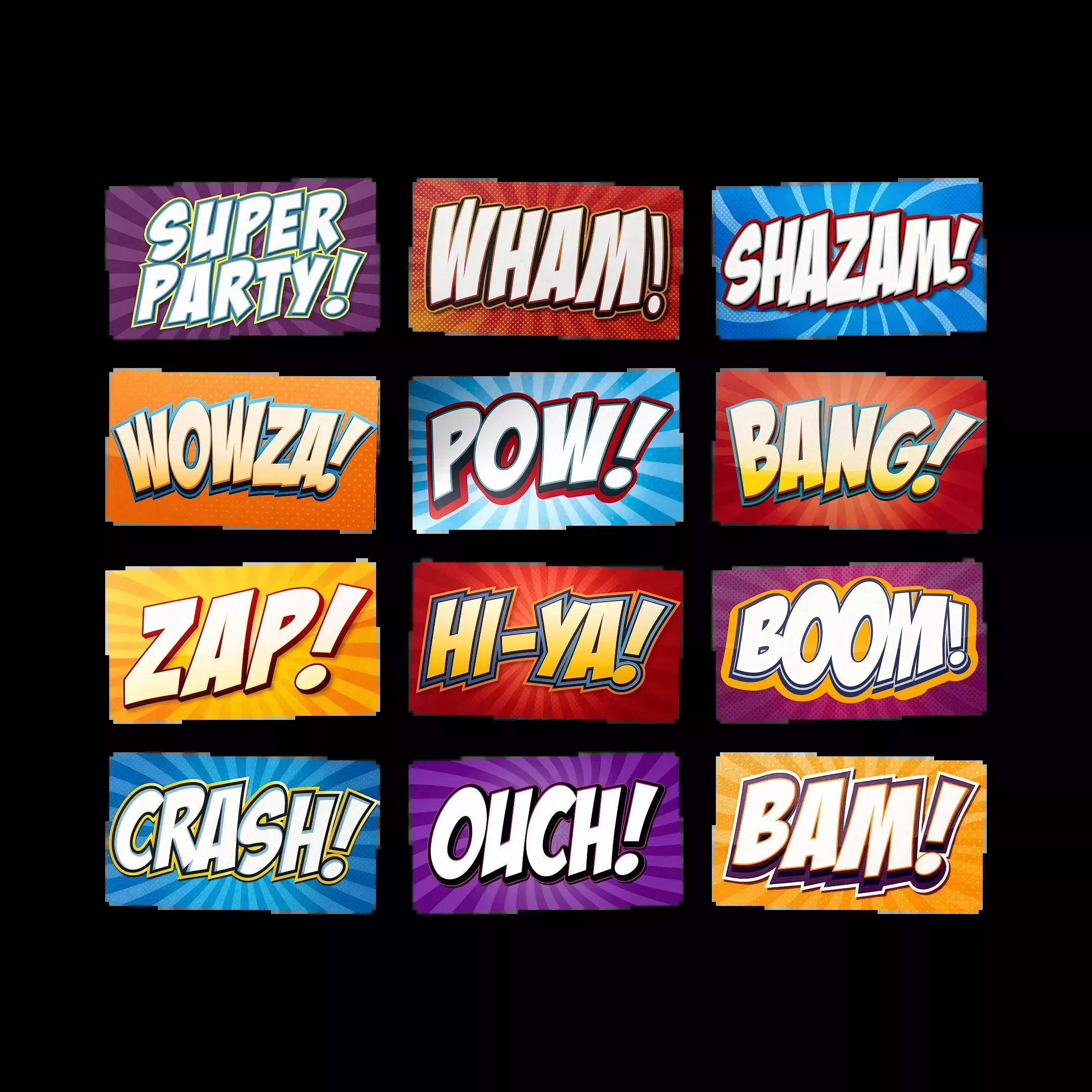 Comic Book Photo Booth Props - 6 Double-Sided Party Signs