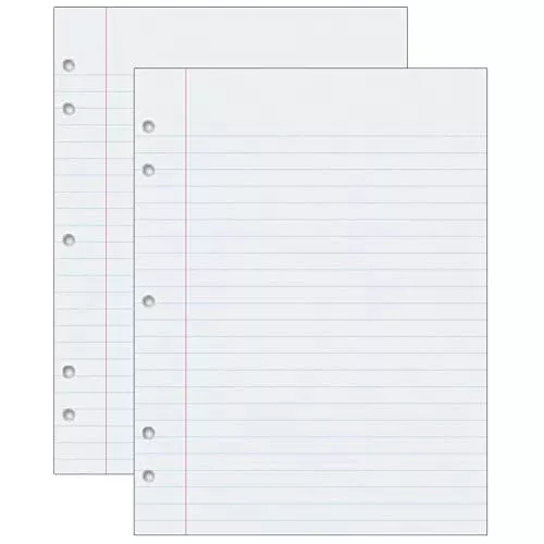 Composition Paper, White, 5-Hole Punched, Red Margin, 3-8" Ruled, 8" x 10-1-2", 500 Sheets Per Pack, 2 Packs