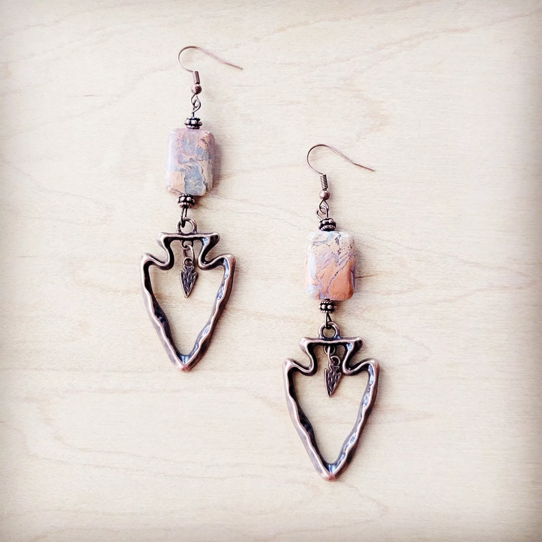 Copper Arrow Earrings w / Genuine Aqua Terra Beads 225p