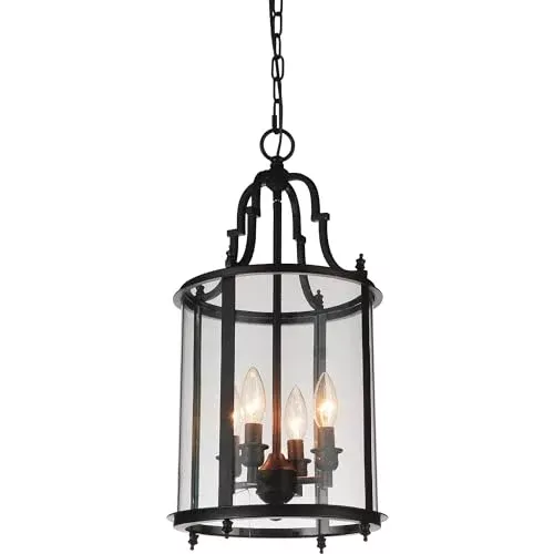 CWI Lighting 11" Oil Rubbed Bronze Pendant Light – 4-Light Hanging Lantern with E12 Bulb Base and Clear Glass Panels – BACL Certified with 1-Year Warranty