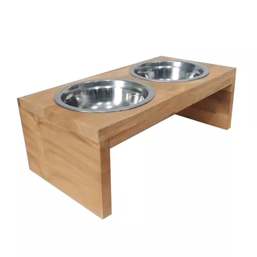 D-Art Collection Solid Wood Pet Feeder Stand w/2 Stainless Bowls in Natural Teak
