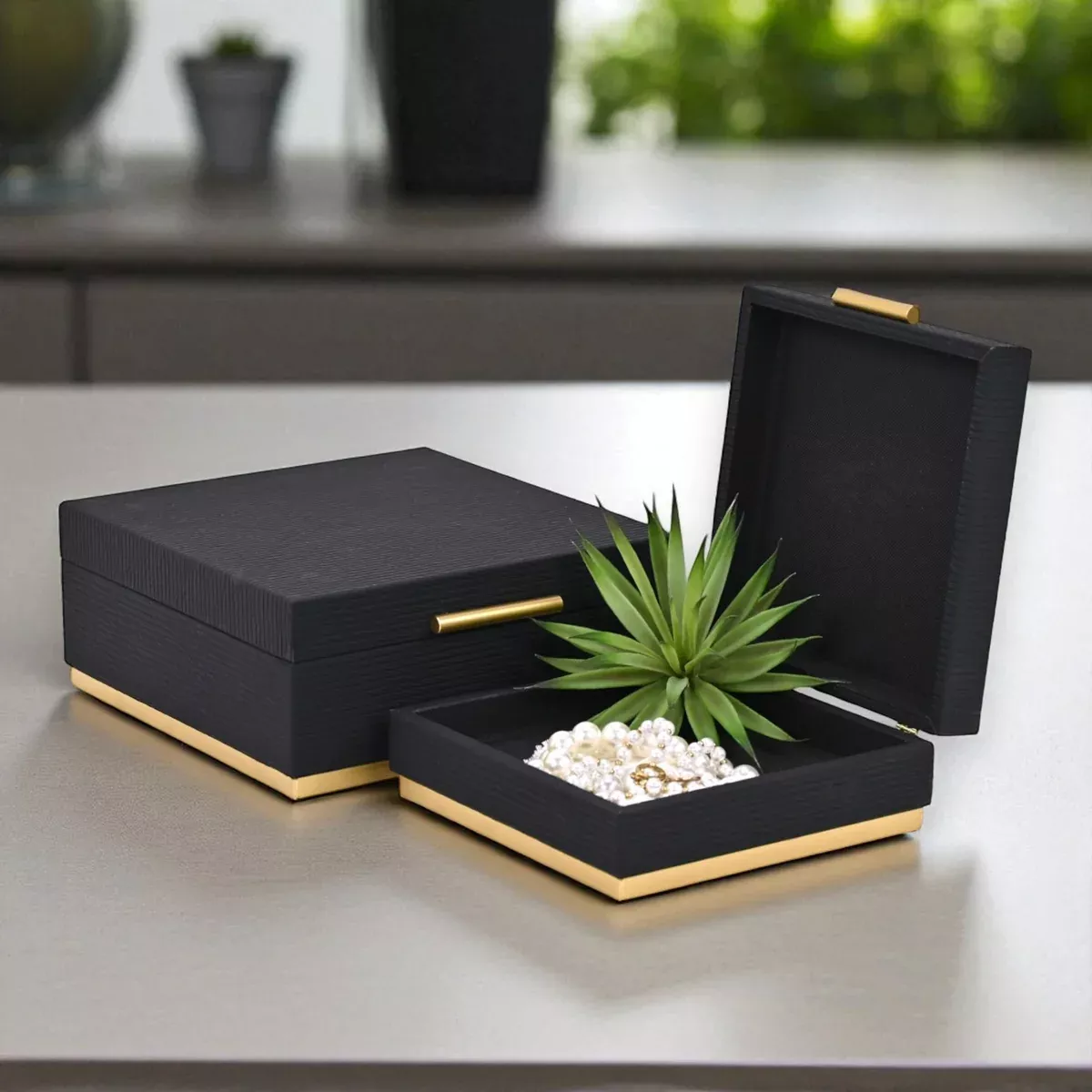 Eira Set of 2 Decorative Nesting Square Storage Boxes - Corded Pattern - Black with Gold Handles - For Organization, Trinkets, Keepsakes- By Cheungs