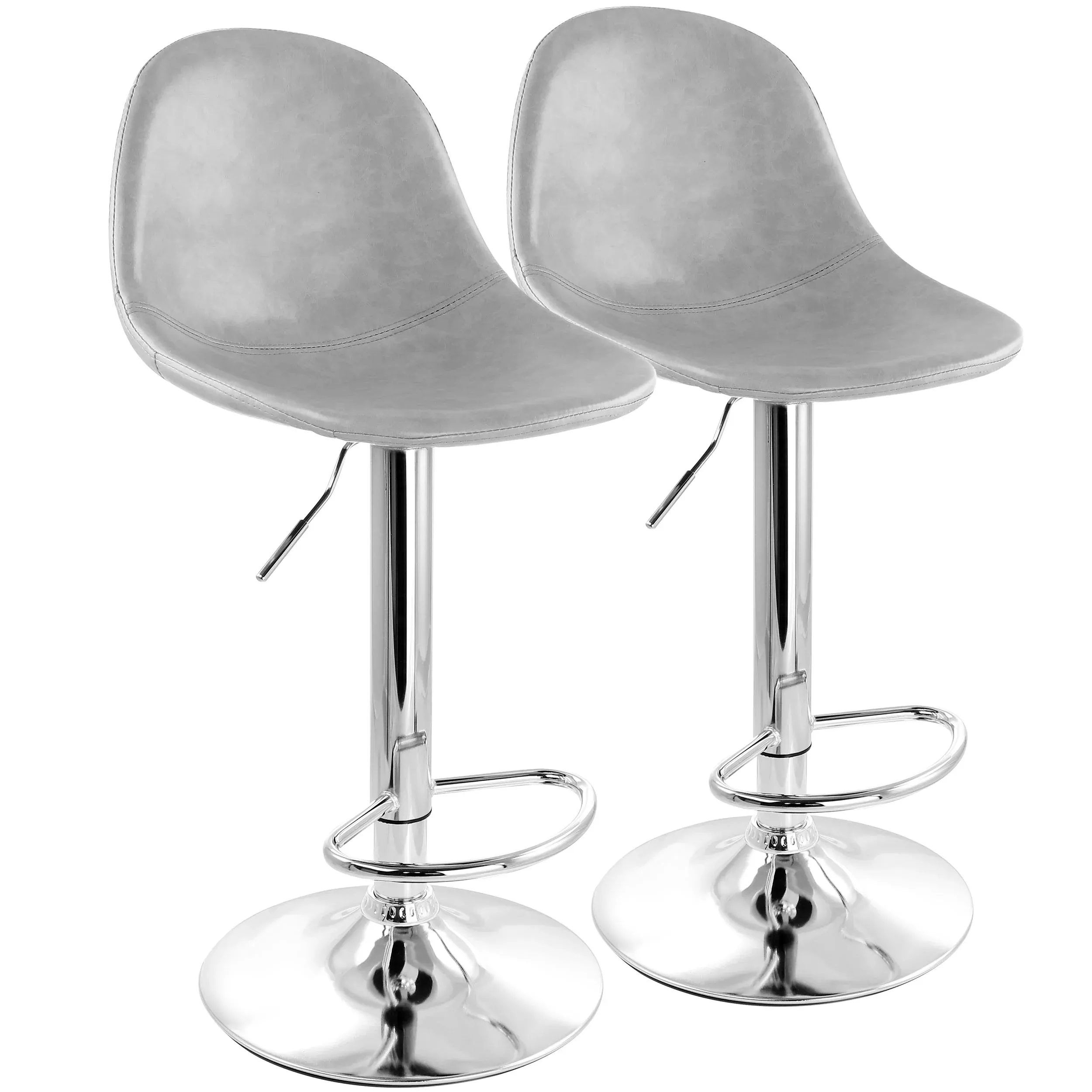 Elama2 Piece Adjustable Distressed Faux Leather Bucket Bar Stools in Gray with Chrome Base