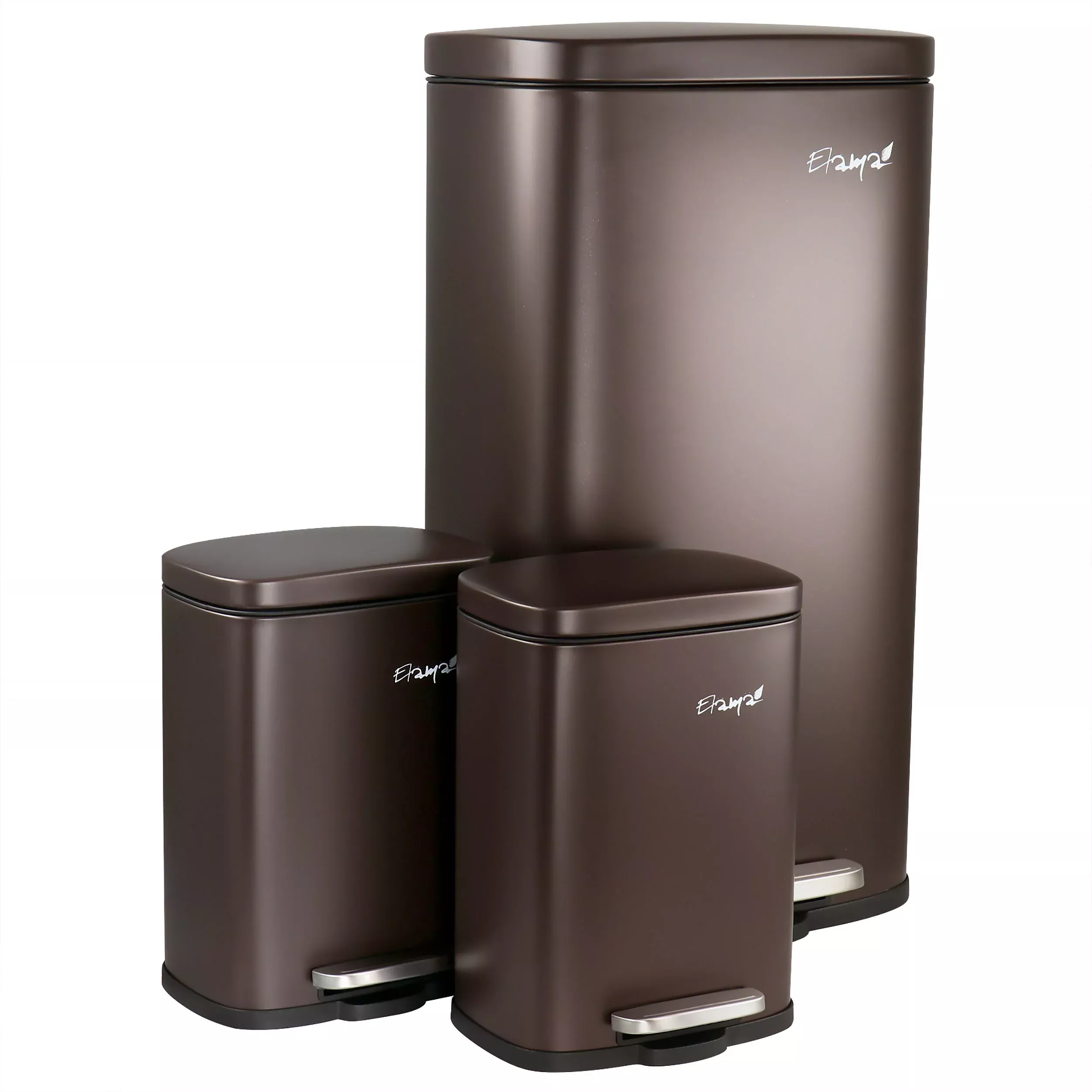Elama3 Piece 8 Gallon and 1.3 Gallon Stainless Steel Step Trash Bin Combo Set with Slow Close Mechanism in Matte Bronze