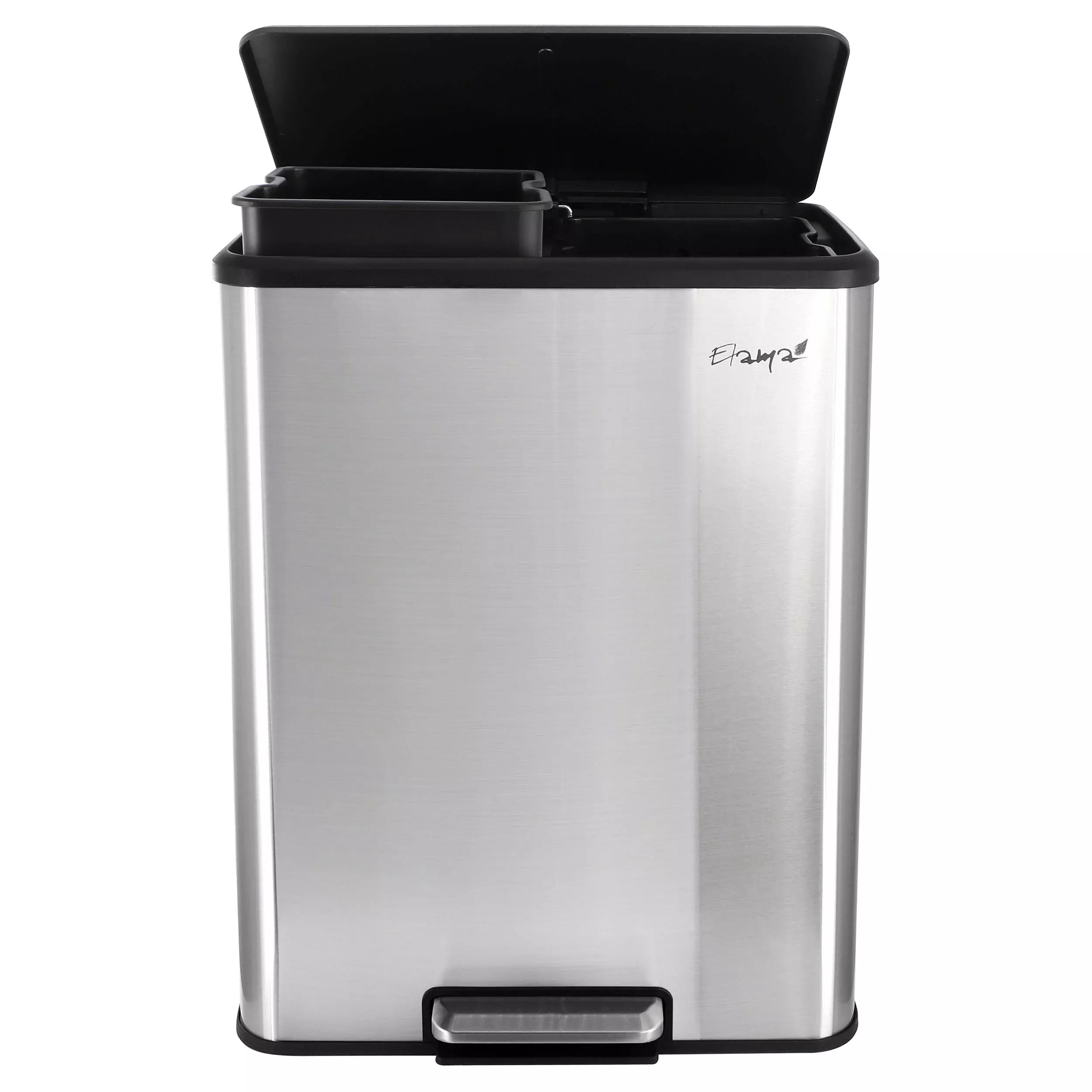 Elama60 Liter 2 Compartment Large 8 Gallon Split Stainless Steel Step Trash Bin with Slow Close Mechanism
