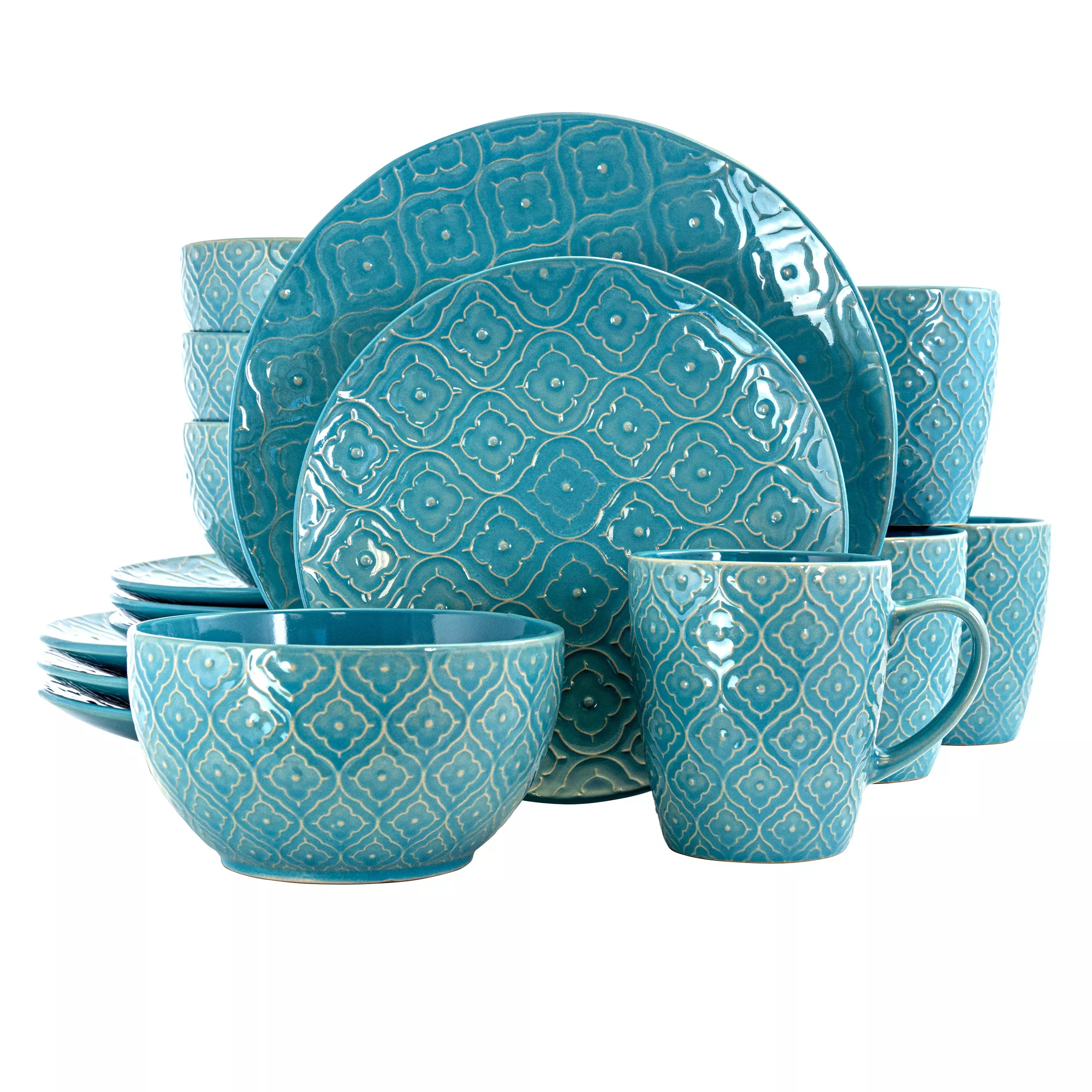 ElamaAqua Lily 16 Piece Luxurious Stoneware Dinnerware with Complete Setting for 4