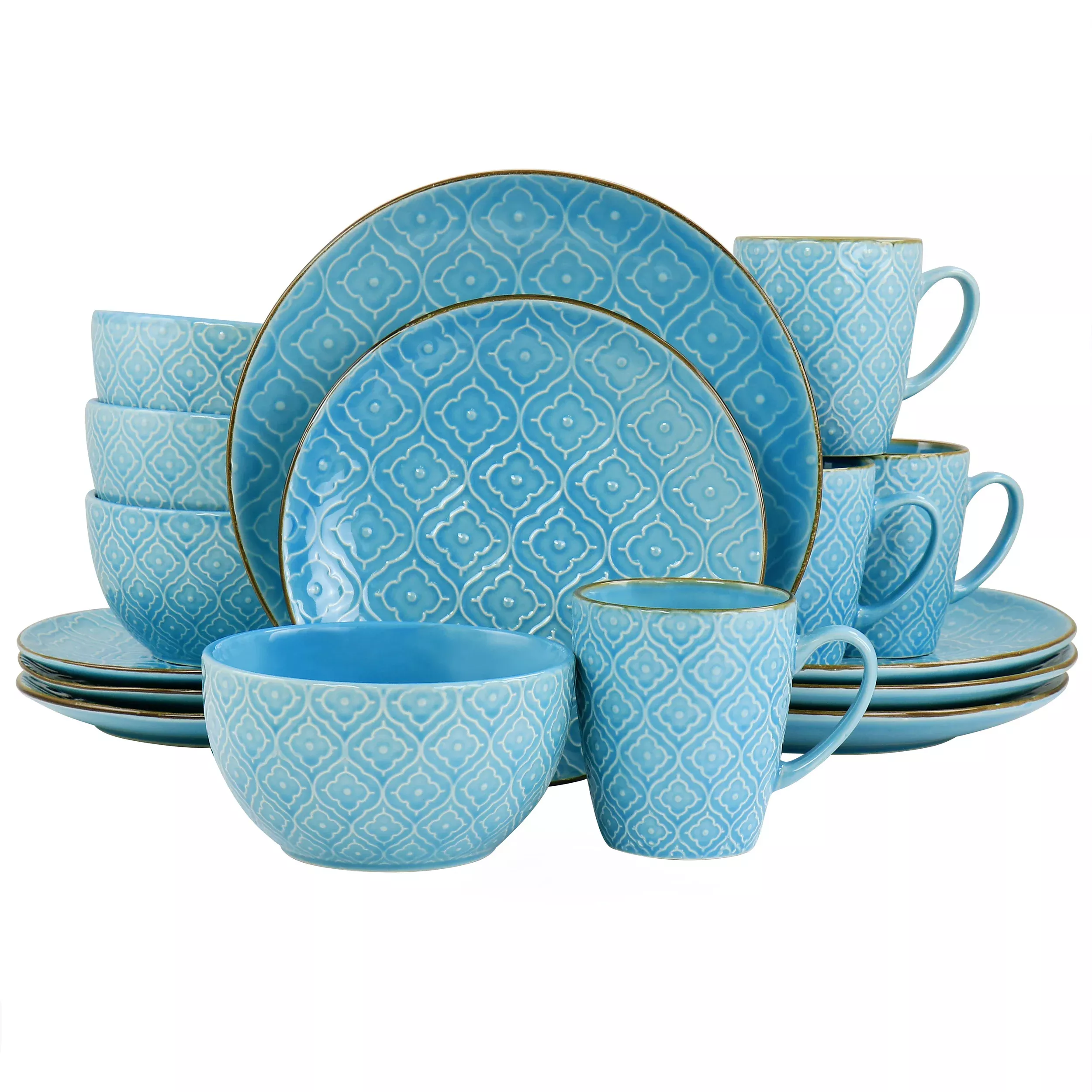 ElamaAqualite 16 Piece Embossed Stoneware Dinnerware Set in Teal